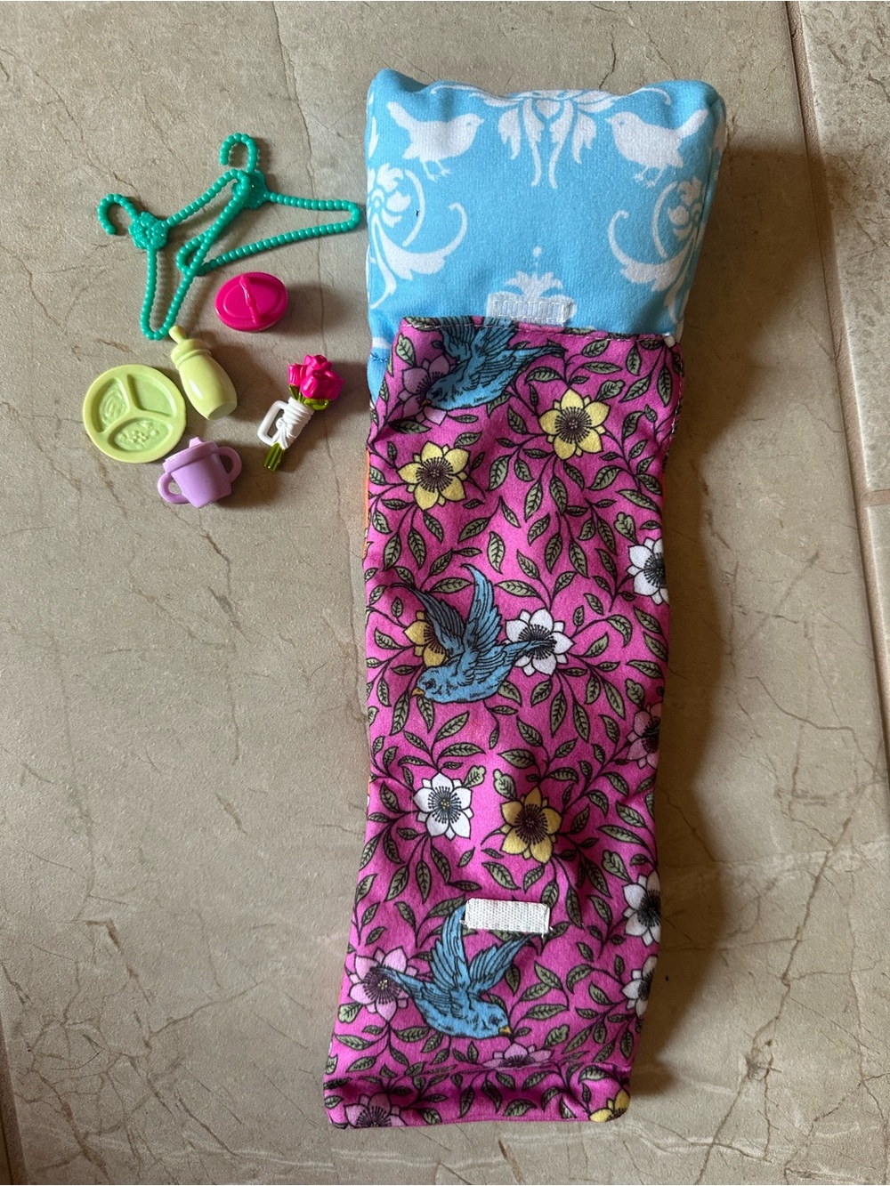 Vintage Barbie accessories sleeping bag flowers plate sippy cup bottle hangers